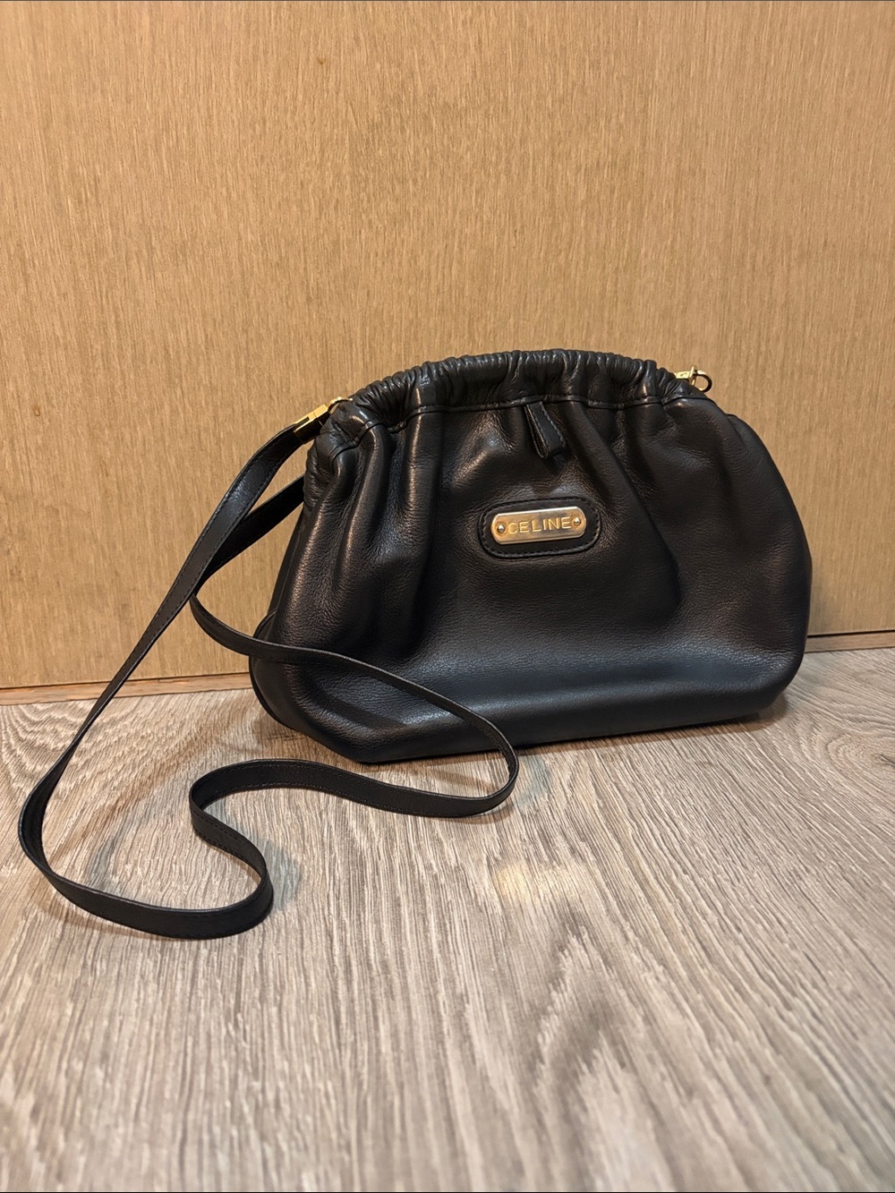 Authentic Celine Black Leather Clasp Crossbody Bag